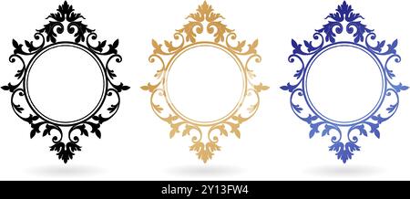 circle frame mirror with ornament three colors isolated white backgrounds for design in Eastern style, place for text, Floral blue border Stock Vector
