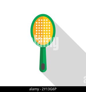 Green and yellow fly swatter is standing upright, casting a long shadow over a white background Stock Vector