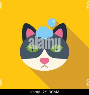Black and white cat with soap on its head taking a bath, pet grooming icon Stock Vector