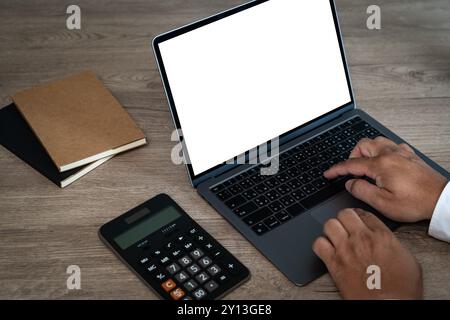 business man working on computer looking at blank white computer screen copy space Stock Photo