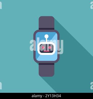 Modern smartwatch displaying artificial intelligence chatbot interface with long shadow on turquoise background Stock Vector