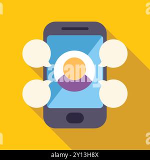 This vector illustration shows a smartphone displaying a social media profile, with speech bubbles surrounding it, representing online discussion and engagement Stock Vector