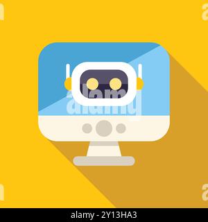 White robot head with yellow antennas is displaying on a blue computer screen Stock Vector