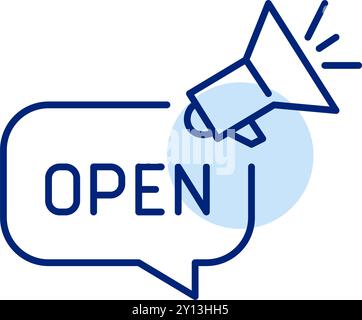 Speech bubble with open message on it and megaphone. Public announcement for new business or open house. Pixel perfect, editable stroke icon Stock Vector