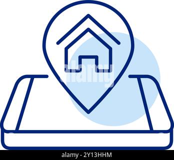 Map pointer with house icon in it over isometric smart phone. Property location or home address delivery. Pixel perfect, editable stroke icon Stock Vector