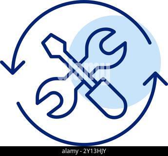 Repair tools, wrench and screwdriver in refresh arrows. Continuous maintenance. Pixel perfect, editable stroke icon Stock Vector