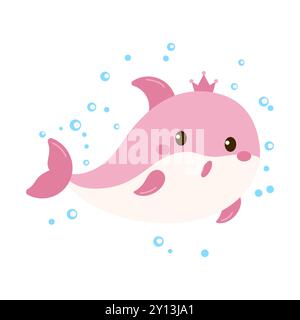 Cute Dolphin Cartoon Character Wearing Crown Swimming in the Sea with Happy Expression Stock Vector