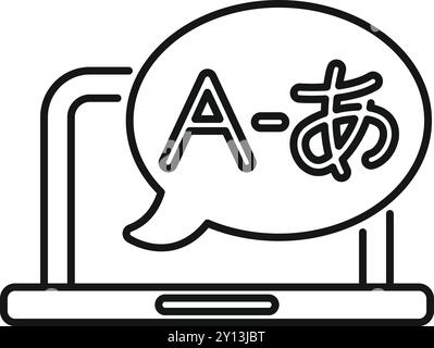 Laptop is showing a speech bubble with japanese translation app interface, representing online language learning Stock Vector