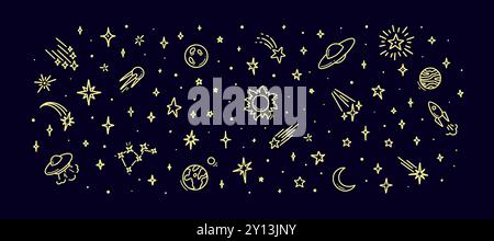 Cute line doodle space background. Hand drawn planets, sun, moon, stars, spaceship collection. Childish drawing cosmic illustration. Stock Vector