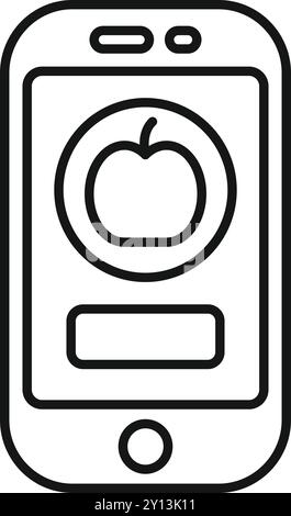 Line drawing of a mobile phone displaying an online grocery shopping app with an apple icon Stock Vector