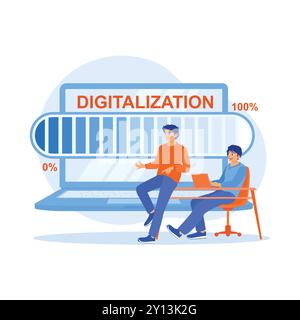 Businessman working in modern office. Digital world concept with digitalization word hologram and loading bar element icons on laptop keyboard backgro Stock Vector