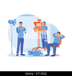 The film crew took pictures using professional equipment such as camera tripods and cranes. Filming process in the studio. Film Production Concept. Tr Stock Vector