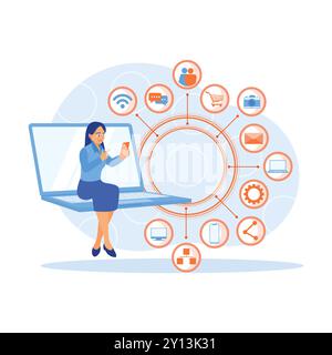 Businesswomen are working with laptop computers and smartphones with virtual icons. Businesswoman working in modern office. Digital Business concept. Stock Vector