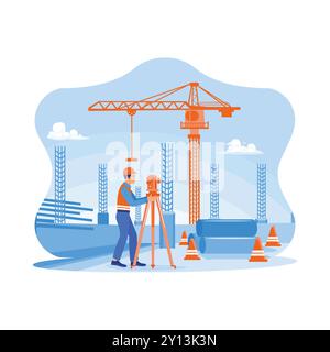Engineer builder surveyor with theodolite transit equipment at the construction site outdoors. The building engineer is on the roof floor. Architect a Stock Vector