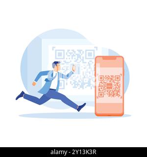 Man holding smartphone with QR code scanner technology on screen. Scan QR code is used for online payment. Digital Business concept. Trend Modern vect Stock Vector
