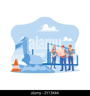 Three experts at the construction project site. They discuss and plan detailed development plans. Experts inspect commercial building construction sit Stock Vector