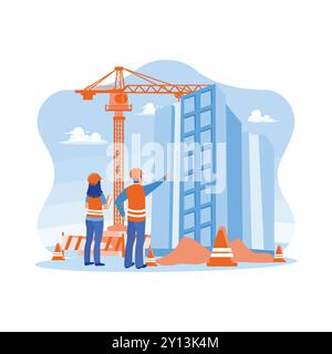 Discussion of construction engineers and architects on construction sites. Checking work on multi storey building construction projects. Architect and Stock Vector