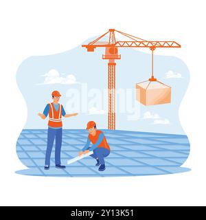 Construction engineers and workers are on the roof of a new concrete floor. Checking the progress of the building process, the crane lifts the load to Stock Vector