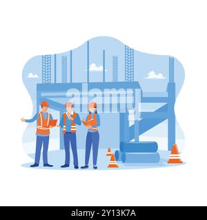 Young architects and engineers in vests and safety helmets on a building site. Discuss the draft development plan using a laptop and notebook. Buildin Stock Vector