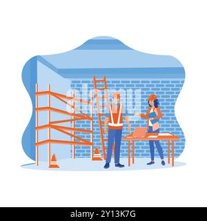 An architect and engineer with a laptop monitor the progress of building a house project. Real estate projects with civil engineers. Experts inspect c Stock Vector