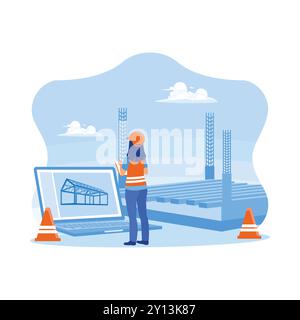 Female civil engineer standing in front of a laptop at construction site. Inspect real estate development projects for commercial and industrial build Stock Vector