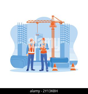 Structural engineers and architects wearing orange vests and safety helmets at a building construction site. Discuss the construction process over the Stock Vector