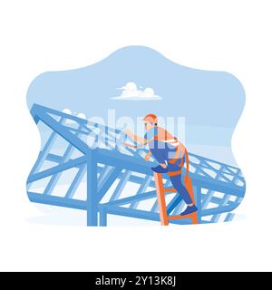 Construction workers wear safety harnesses when working on roof structures on construction sites. Roofer using a pneumatic nail gun, installing roof t Stock Vector