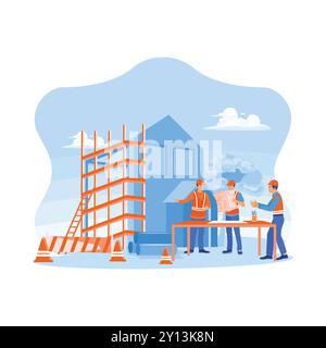 Three construction experts inspect the construction of a real estate project. Civil engineers, architects, business investors and general staff are di Stock Vector