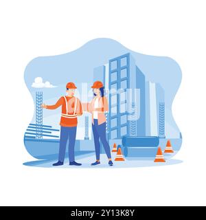 Construction engineers and architects are discussing at the construction site. Civil architect engineer inspecting and working on outdoor structure bu Stock Vector