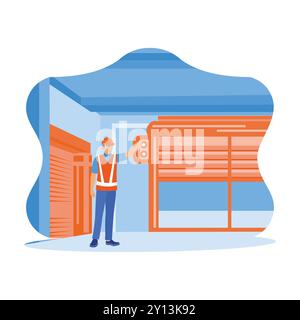 Chief engineer wearing safety helmet and vest standing at real estate construction project. Close automatic roller doors before leaving work. Experts Stock Vector