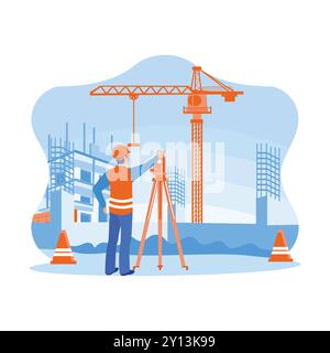 Survey engineer working using a theodolite at a construction site. Surveying to create a contour plan is a graphic representation of the lay of the la Stock Vector