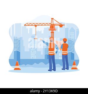 Civil engineer standing on a construction site near a crane. Holding construction plans and inspecting work at the construction site. Construction sit Stock Vector