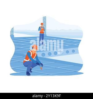 Construction engineers supervise and inspect building projects. Construction workers make steel reinforcement at the construction site. Construction s Stock Vector