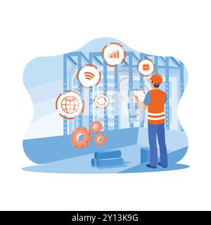 Engineer using a digital tablet with Construction Management Software on the construction site. Smart Construction Project Management System concept. Stock Vector