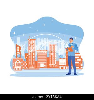 Business people use a digital tablet with a telecommunication network connected to a smart city. Concept of 5G wireless digital connection and future Stock Vector