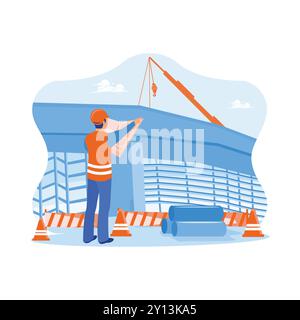 Construction engineer holding construction plans at the construction site. Checking building designs and construction plans. Construction site enginee Stock Vector
