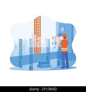 Civil architect engineer with construction plans standing on the building site. Inspect and work on building construction sites. Construction site eng Stock Vector