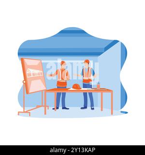Two civil engineers work together to design a building. Discuss work plans and development processes. Construction site engineer concept. Trend Modern Stock Vector