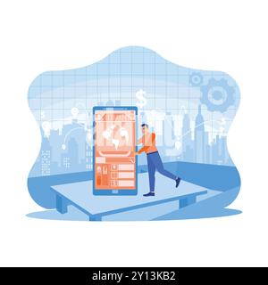 Man standing on table holding smartphone. Smartphones with modern creative telecommunications and internet networks connected in smart cities. Telecom Stock Vector