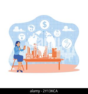 Woman sitting next to a miniature smart city. Using a smartphone with modern creative telecommunications and internet networks. Telecommunication and Stock Vector
