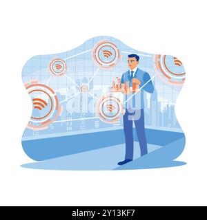 A businessman is standing holding a miniature city. Using modern creative networks and connected internet networks in smart cities. Telecommunication Stock Vector