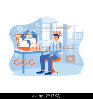 Futuristic world map with corporate data analysis graph. The man is sitting in an office chair with a digital metaverse online network. Concept Techno Stock Vector