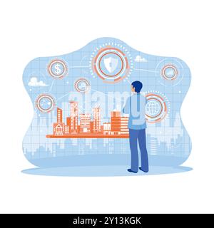 Middle-aged man standing in front of a miniature city. Creating a concept for 5G wireless digital connections and future internet connection in smart Stock Vector