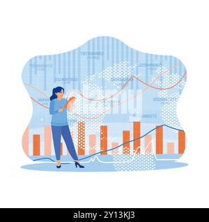 Young woman using a digital tablet with forex charts. Analyzing financial charts on a virtual screen. Technology and finance concept. Trend Modern vec Stock Vector