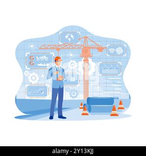 Construction engineer using a digital tablet and global network security information technology with a virtual screen of innovation icons. An engineer Stock Vector