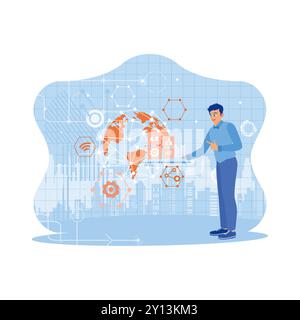 Businessman hand with tablet and blurred city background. Using high technology and communications in global business. Technology and finance concept. Stock Vector