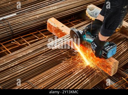 Cutting steel concrete reinforcement Stock Photo