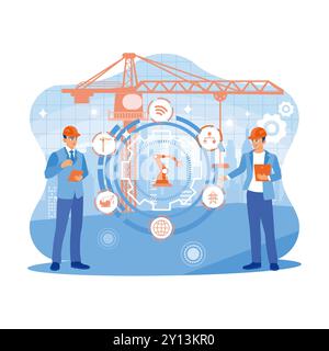 Two business people using digital tablets at a construction site. They made innovations in digital cranes. Concept Technology with Forex Graph Hologra Stock Vector