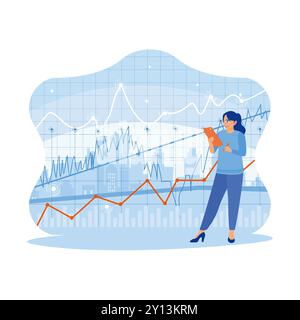 Young woman using a tablet with a forex chart interface. Investment and technology. Finance and trade concept. Trend Modern vector flat illustration Stock Vector