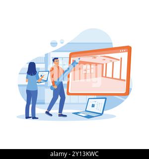 Two employees create interior designs on laptops and digital tablets. They work in the modern offices of an architectural firm. Employee Making concep Stock Vector